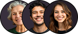 Trzy portretowe zdjęcia uśmiechniętych osób – starszej kobiety, młodego mężczyzny i młodej kobiety – pokazane w okrągłych ramkach na ciemnym tle.