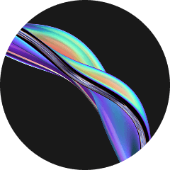 Smukłe, przecinające się wstęgi w jaskrawych kolorach, głównie turkusowym, fioletowym i żółtym, na czarnym tle w okrągłej ramce.